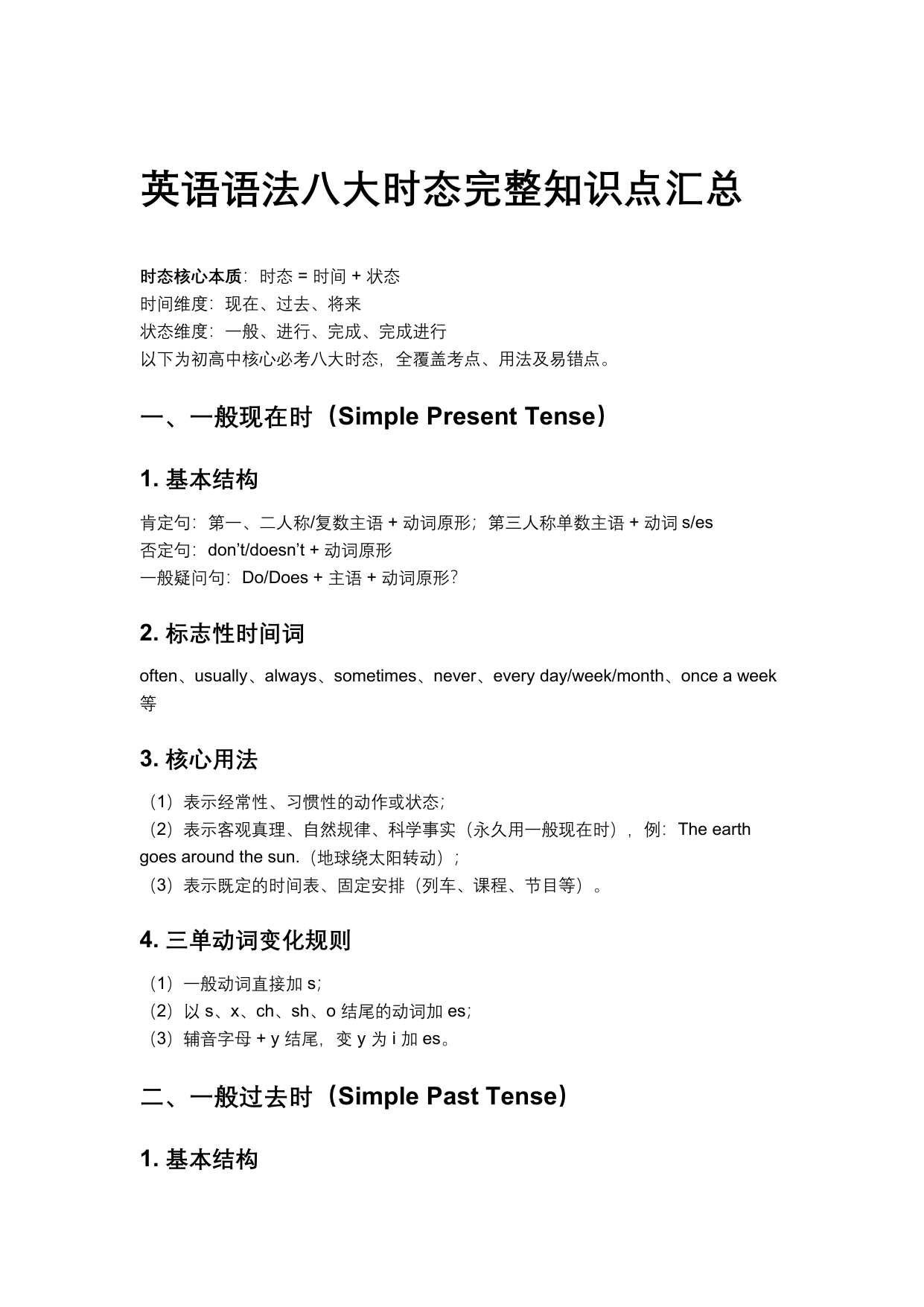 英语语法八大时态完整知识点汇总(6页PDF,含速查表和易混辨析)